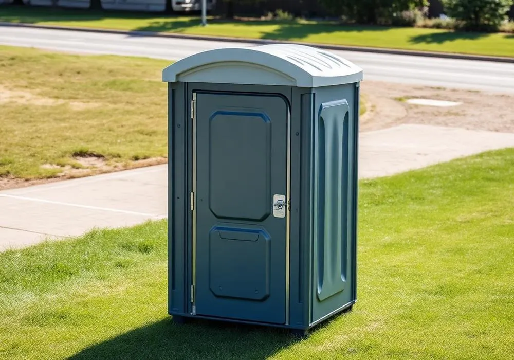 Service technicians cleaning portable restroom units beside a service truck