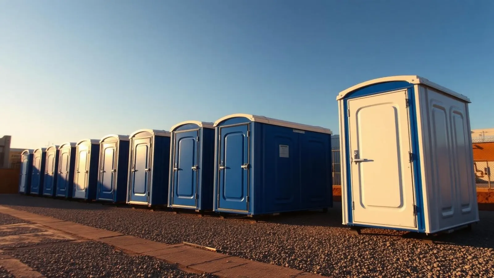 Row of clean portable toilet units on a gravel site at sunrise