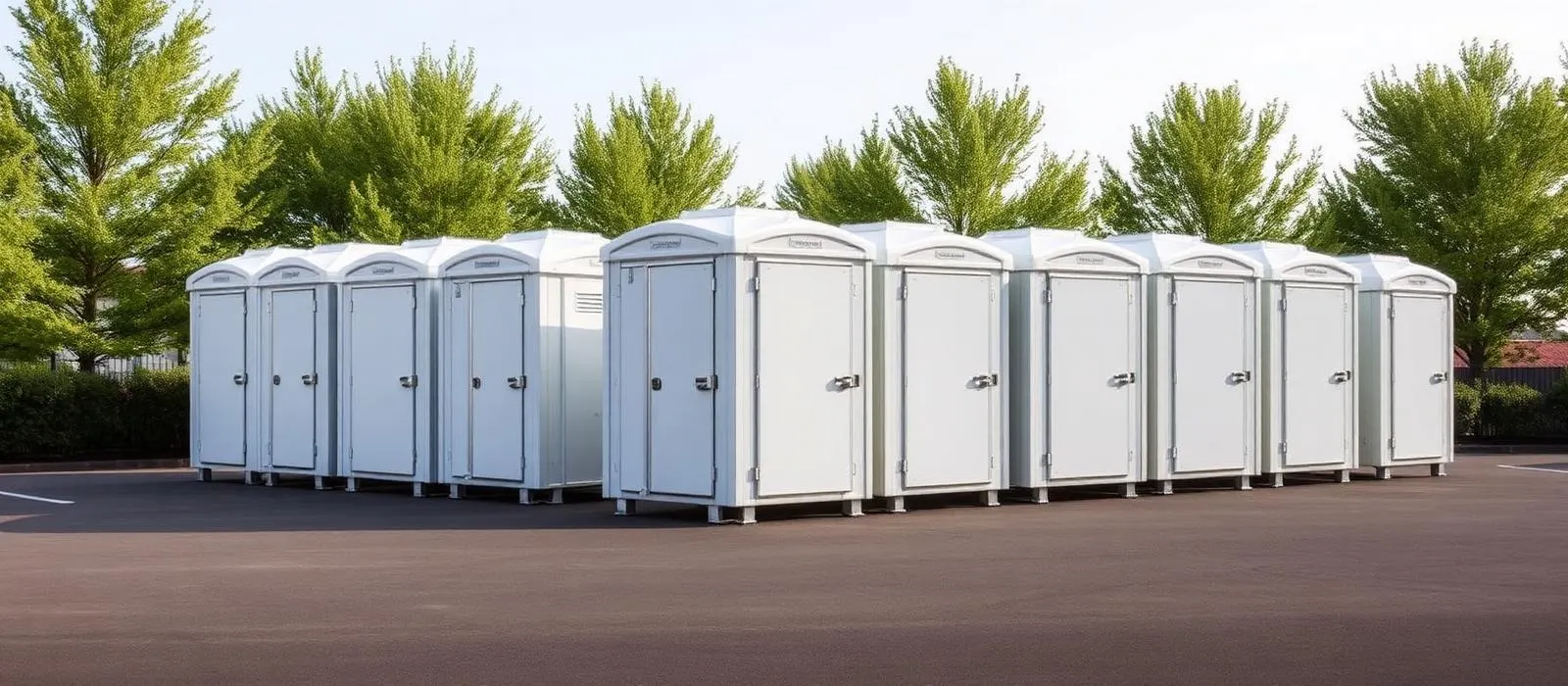 Clean portable restroom units staged on a paved lot